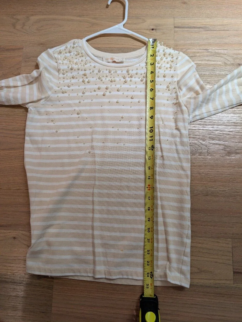 Tory Burch Cream and White Striped Long-Sleeve Tee with Pearl Beads Size S